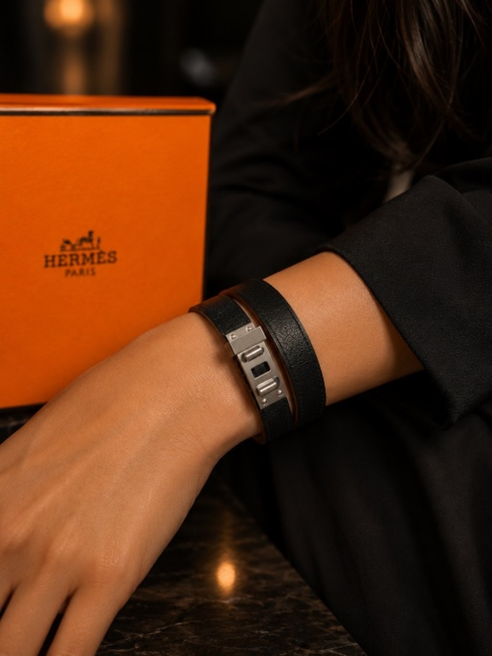 Hermes Black Mini Kelly Double Leather & Silver Hardware Bracelet | Full Set - Picture 3 of 12